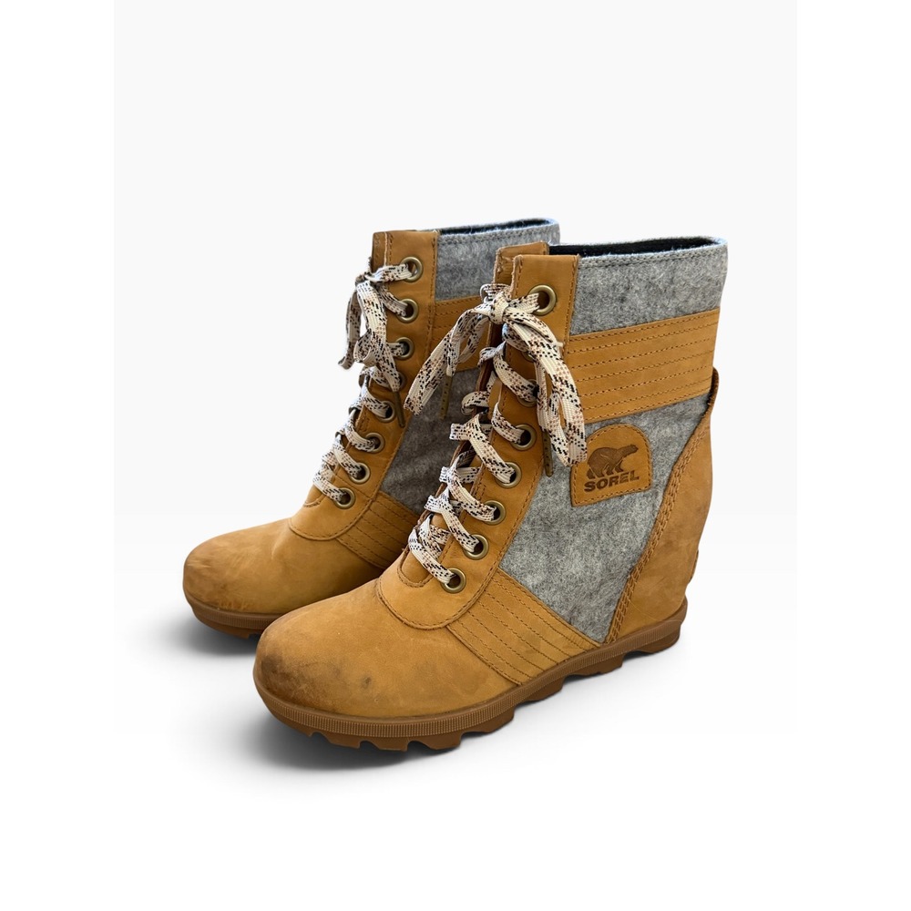 Sorel Joan of Arctic Wedge II Boot Women 8 Tan Grey Good Suede Felt NL3376-224